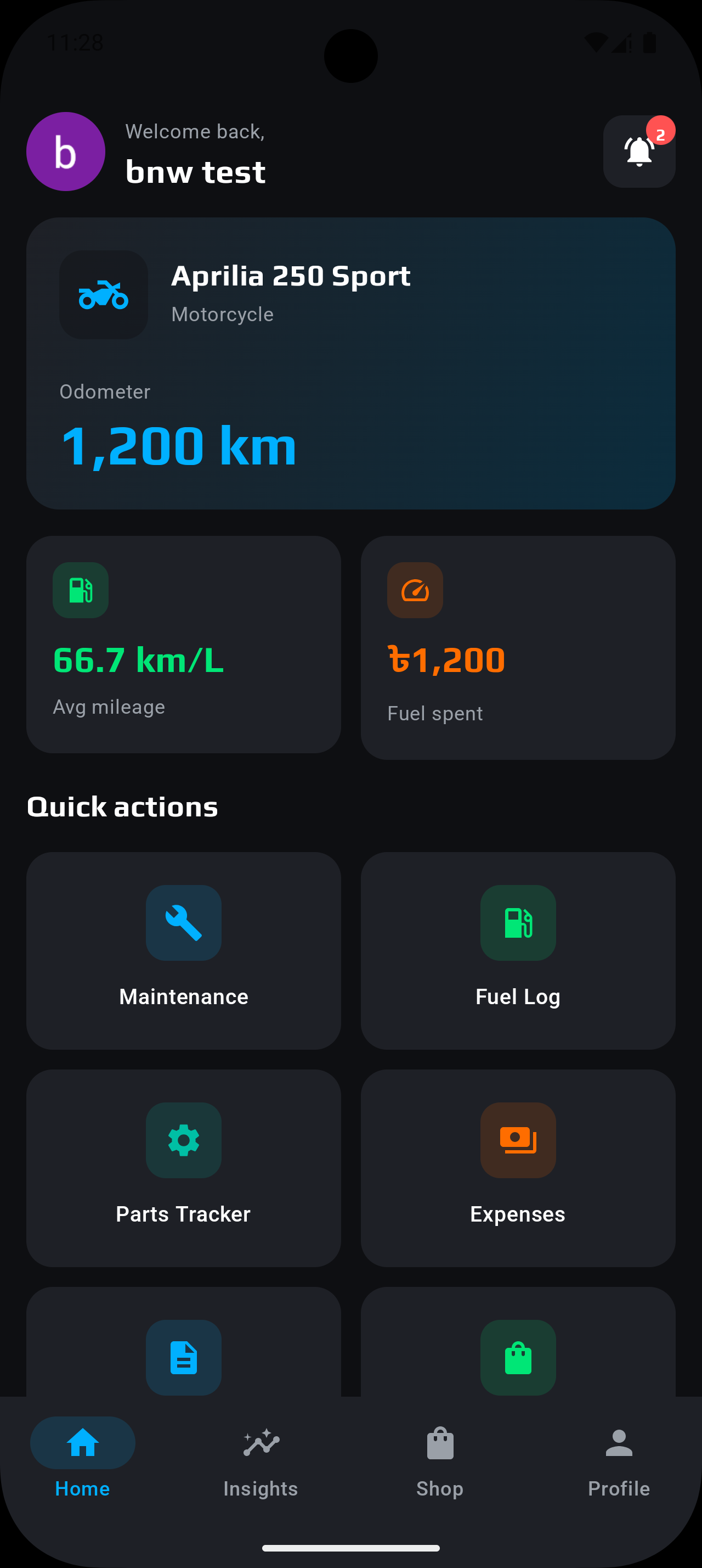 RideCare home dashboard